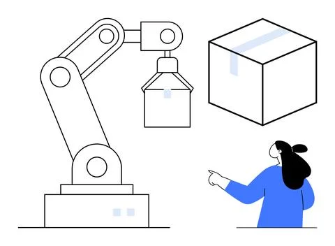 Robotic Arm Handling Packages in Modern Logistics Warehouse Illustration