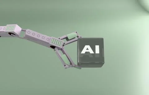 Robotic arm holding AI cube pastel technology 3D concept Stock Illustration