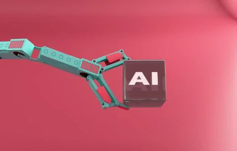 Robotic arm holding AI cube pastel technology 3D concept Stock Illustration