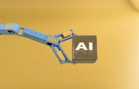 Robotic arm holding AI cube pastel technology 3D concept Stock Illustration