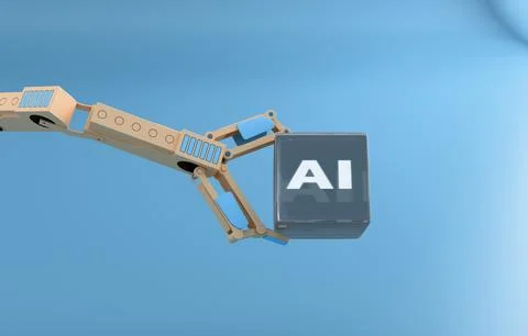 Robotic arm holding AI cube pastel technology 3D concept Stock Illustration