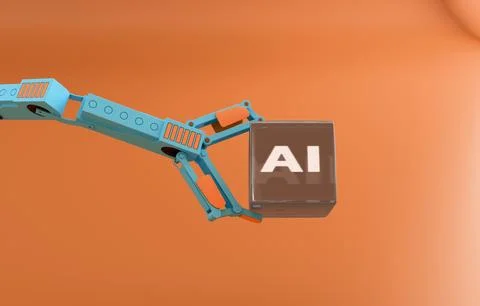 Robotic arm holding AI cube pastel technology 3D concept Illustrazione stock