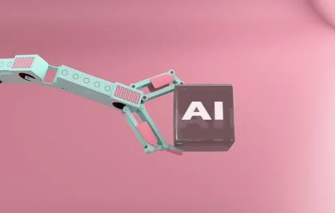 Robotic arm holding AI cube pastel technology 3D concept Stock Illustration
