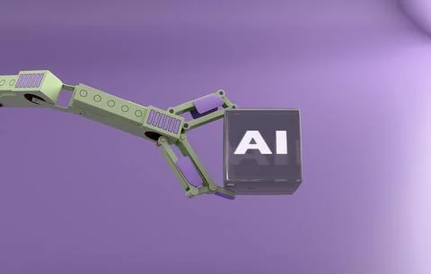 Robotic arm holding AI cube pastel technology 3D concept Stock Illustration