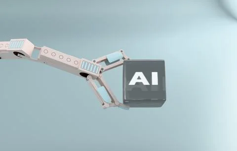 Robotic arm holding AI cube pastel technology 3D concept Stock Illustration