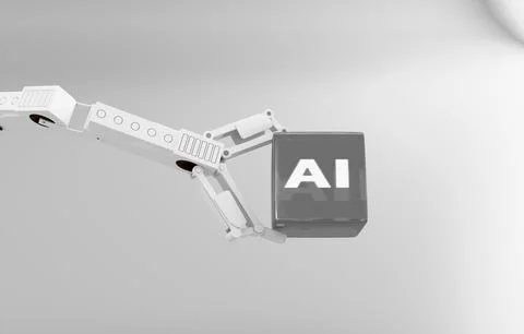 Robotic arm holding AI cube pastel technology 3D concept Stock Illustration