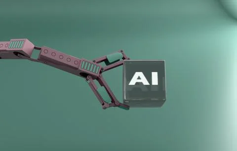 Robotic arm holding AI cube pastel technology 3D concept Stock Illustration