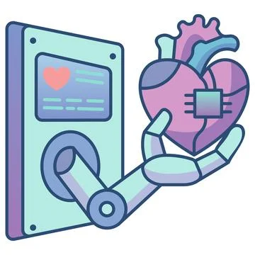 Robotic arm holding artificial anatomical heart with microchip flat icon. Stock Illustration