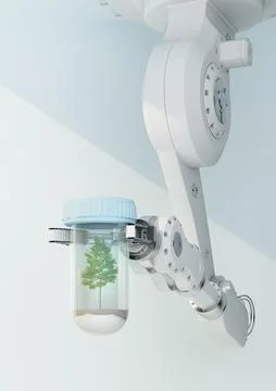 Robotic arm holding capsule with tree Stock Illustration