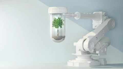 Robotic arm holding capsule with tree Stock Illustration