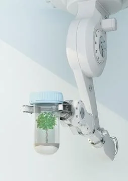 Robotic arm holding capsule with tree Stock Illustration