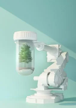 Robotic arm holding capsule with tree Stock Illustration