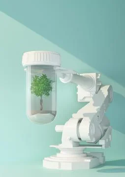 Robotic arm holding capsule with tree Stock Illustration