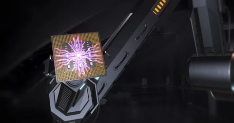 Robotic arm holding a computer processor in a production facility. Stock Footage 234327829