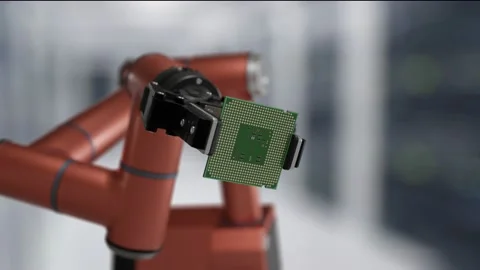 Robotic arm is holding CPU microchip. Research and artificial intelligence conce Stock Footage 200572278