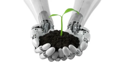 Robotic Arm Holds Soil with Time Lapse Growing Plant Video stock 131565840