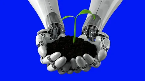Robotic Arm Holds Soil with Time Lapse Growing Plant on a Blue Background Stock-Footage 132522249