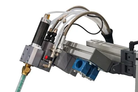 Robotic arm with industrial components, showcasing cylindrical actuator, ho.. Stock Photos