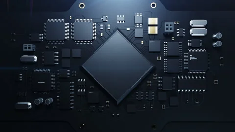 A robotic arm inserts a CPU onto a circuit board . dynamic animation on the t 스톡 동영상 224018230