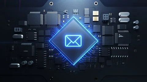 A robotic arm inserts a CPU on a printed circuit board with a blue writing ic Video stock 224018902