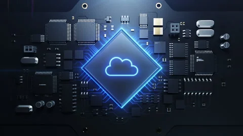 A robotic arm inserts a CPU on a printed circuit board with a blue Cloud icon Stock Footage 224018946