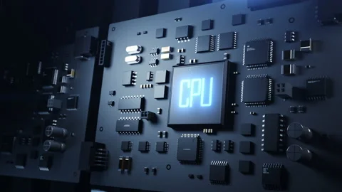 A robotic arm inserts a CPU on a printed circuit board with the inscription " 스톡 동영상 224020490