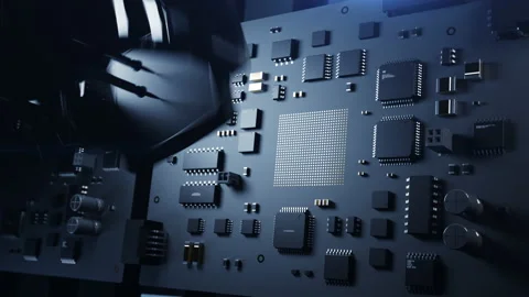 A robotic arm inserts a CPU onto a printed circuit board. animation on the su Video stock 224020505