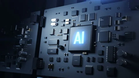 A robotic arm inserts a CPU on a printed circuit board with the inscription " Stock Footage 224020619