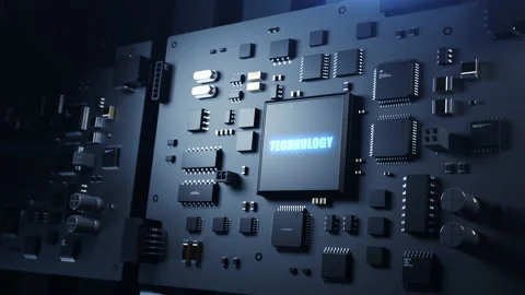 A robotic arm inserts a CPU on a printed circuit board with the inscription " Stock Footage 224020856