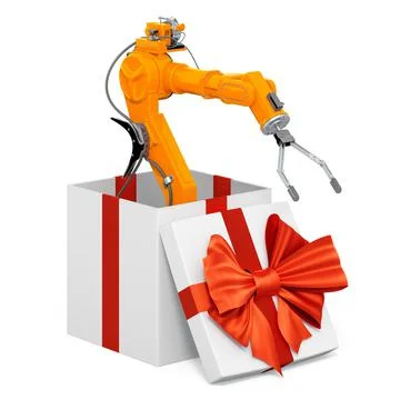 Robotic arm inside gift box, present concept. 3D rendering Stock Illustration