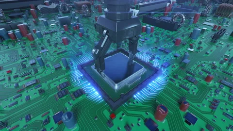 Robotic Arm Installing Processor into the Circuit Board with Blue Lights Stock Footage 89650921