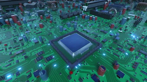 Robotic Arm Installing Processor into the Circuit Board with Blue Signals Vídeos de archivo 89651216