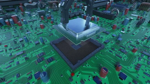 Robotic Arm Installing Processor into the Circuit Board Close-up. Stock Footage 89662364