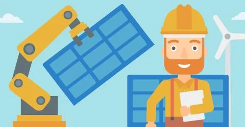 Robotic arm installing solar power pannel Stock Illustration
