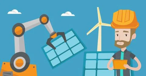 Robotic arm installing solar power pannel. Stock Illustration