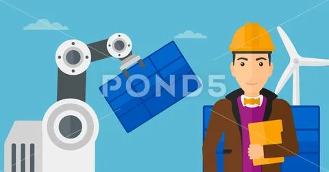 Robotic arm installing solar power pannel. Stock Illustration