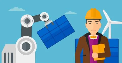 Robotic arm installing solar power pannel. Stock Illustration