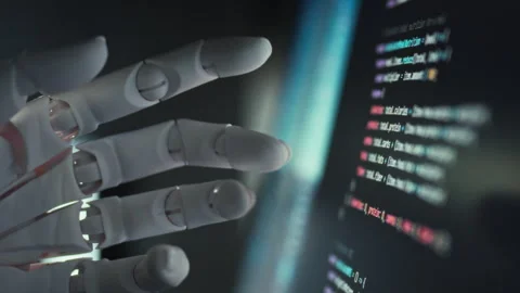 A robotic arm integrated with advanced mechatronics executes coding tasks wi Stock Footage 331475870
