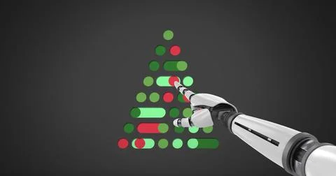 A robotic arm interacts with a digital Christmas tree on a screen Illustrazione stock