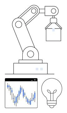 Robotic arm lifting box with stock market chart and idea bulb, representing Illustrazione stock