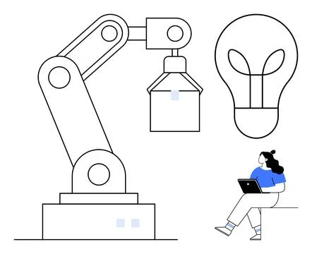 Robotic arm lifting object while a person works on a laptop nearby. Large lig Stock-Illustration