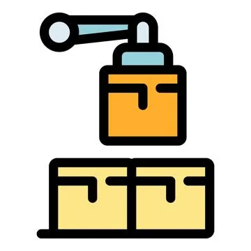 Robotic arm lifting parcel over stacked boxes in warehouse logistics automati Illustrazione stock