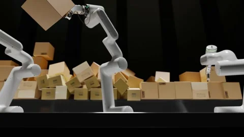 A robotic arm loads postal boxes onto a conveyor belt Stock Footage 253319618