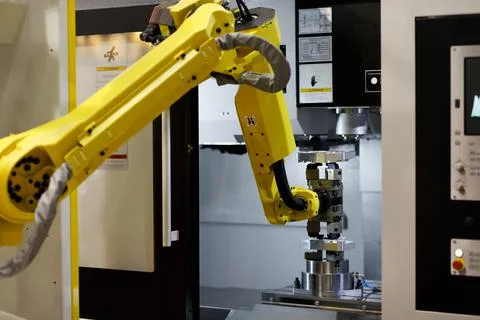 Robotic arm loads a workpiece into the CNC machine Stock-Fotos