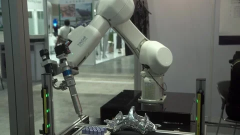 A robotic arm machine seen displayed. Stock Footage 249376676
