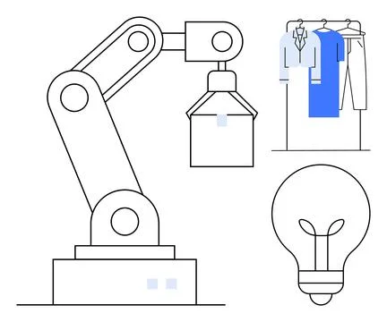 Robotic arm manipulating an object, light bulb representing ideas, and clothe Stock Illustration