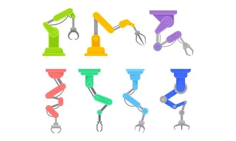 Robotic Arm in Manufacturing Process. Robot and Machine Industry Vector Set Stock Illustration