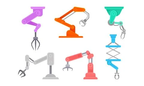 Robotic Arm in Manufacturing Process. Robot and Machine Industry Vector Set 스톡 일러스트