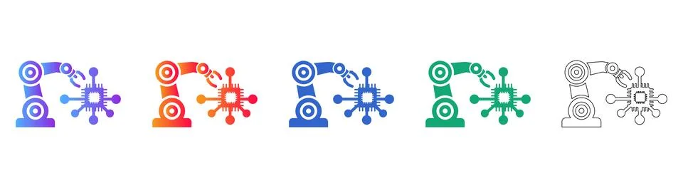 Robotic Arm Microchip Assembly Icon Set Stock Illustration