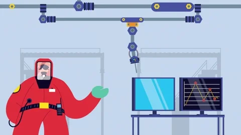 Robotic arm moves along overhead track with scientist in hazmat suit observ.. Stock-Footage 338993365